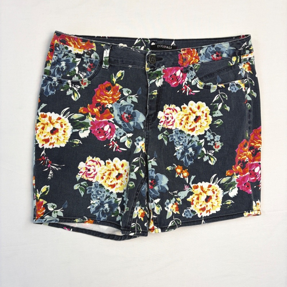 Roz & Ali Women Floral Denim Shorts Size 14 Multi Color Stretch Cotton Boho